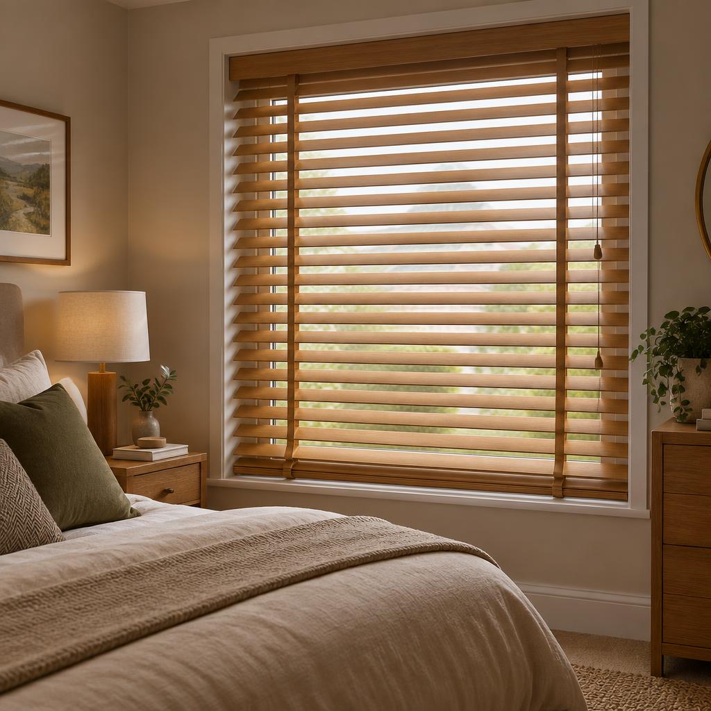 Wood venetian blinds in a bedroom